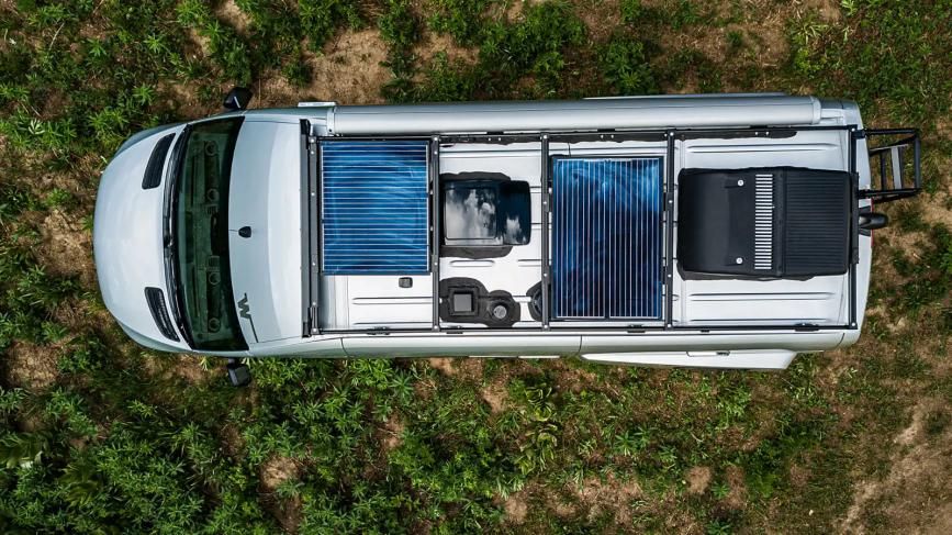 View of the Revel&#039;s solar panels from the top of the RV