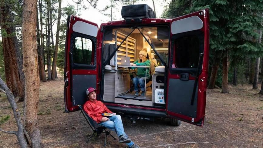 Rear open door shot of a 2023 Winnebago Solis RV