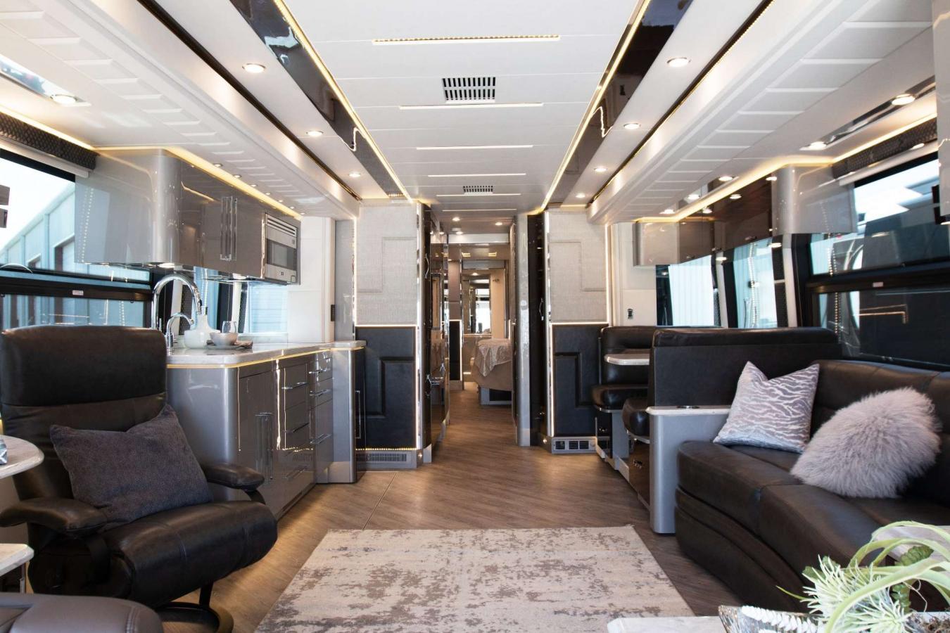 Interior shot of the living area of an Emerald Luxury Coach RV