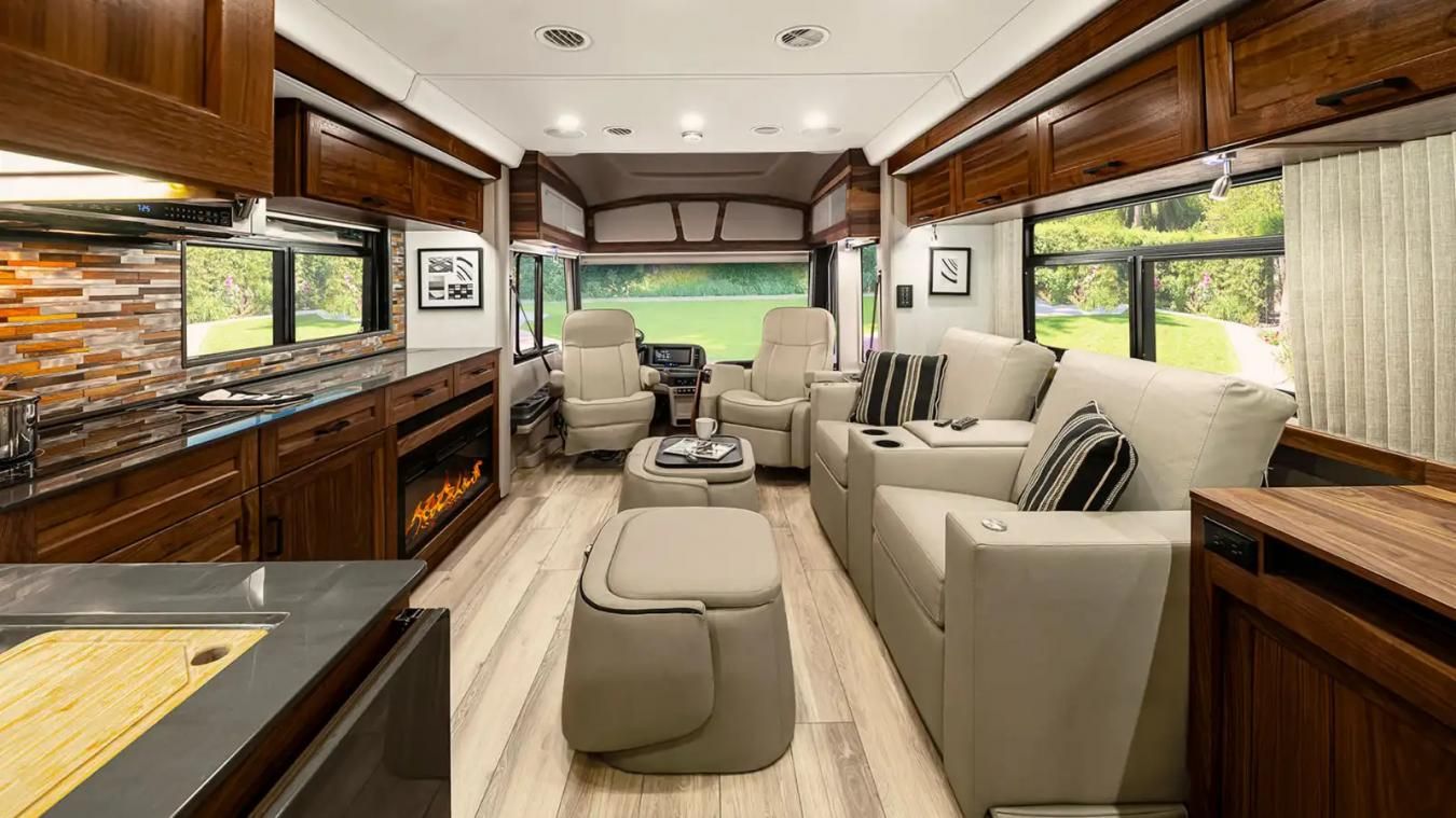 Interior shot of a Winnebago RV, featuring the living room