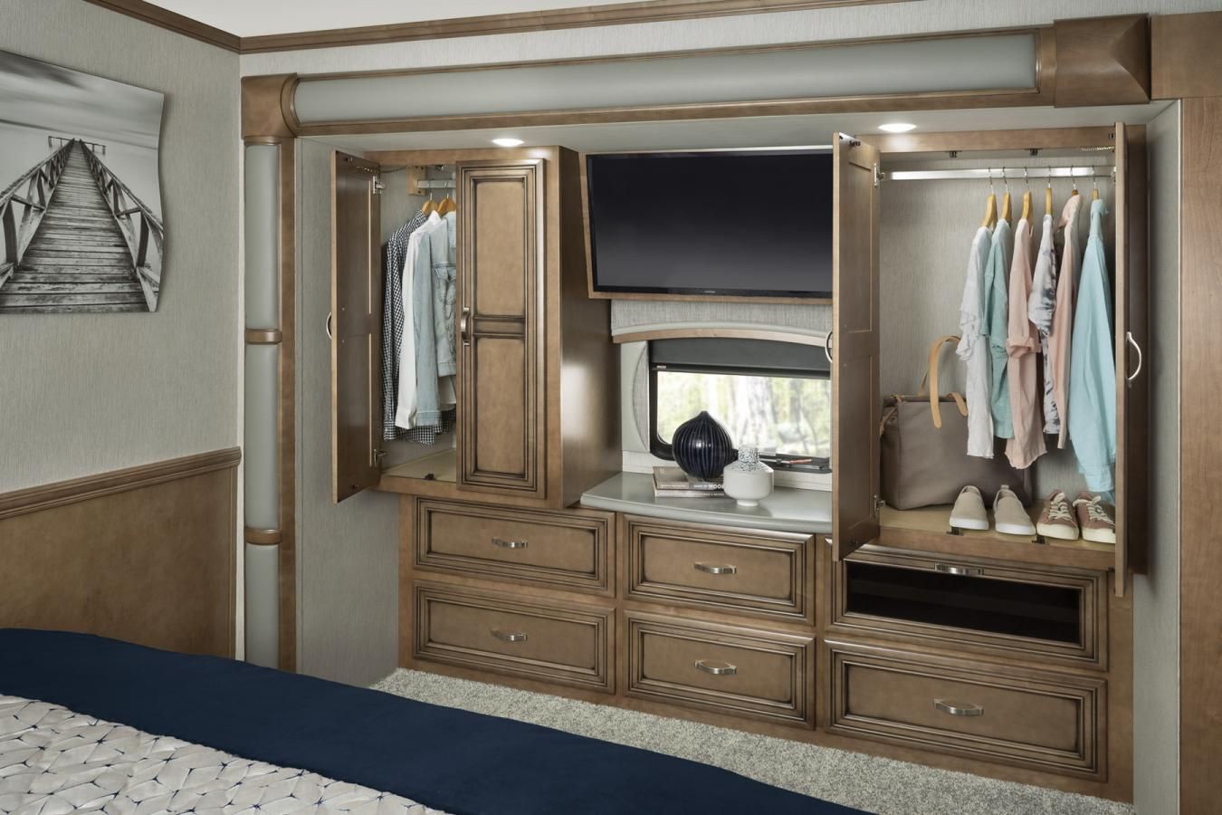 Interior shot of closet storage inside a Newmar RV