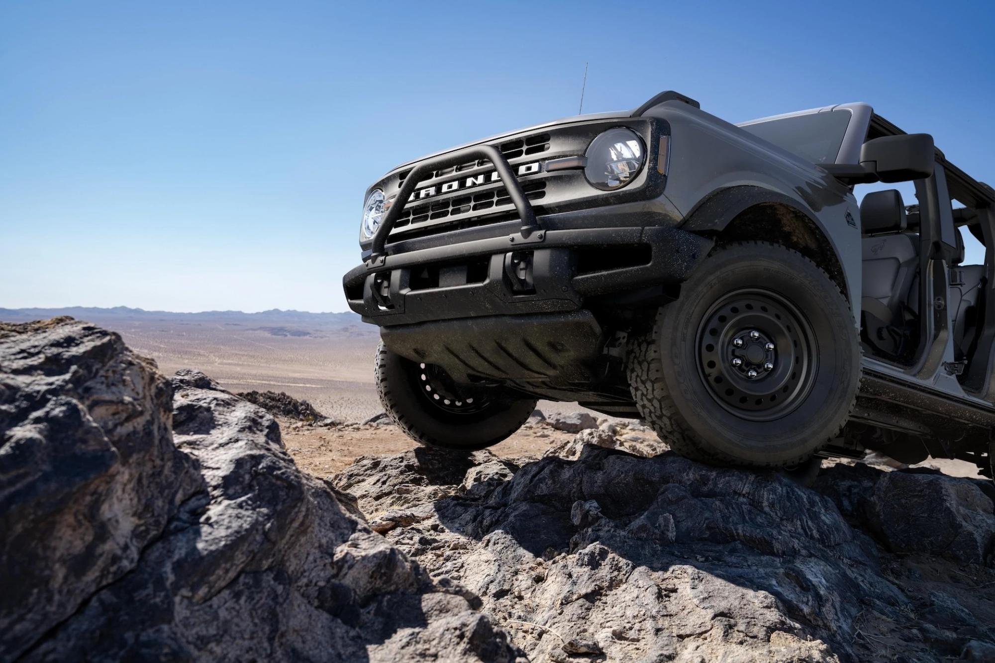 A Ford Bronco rock crawling